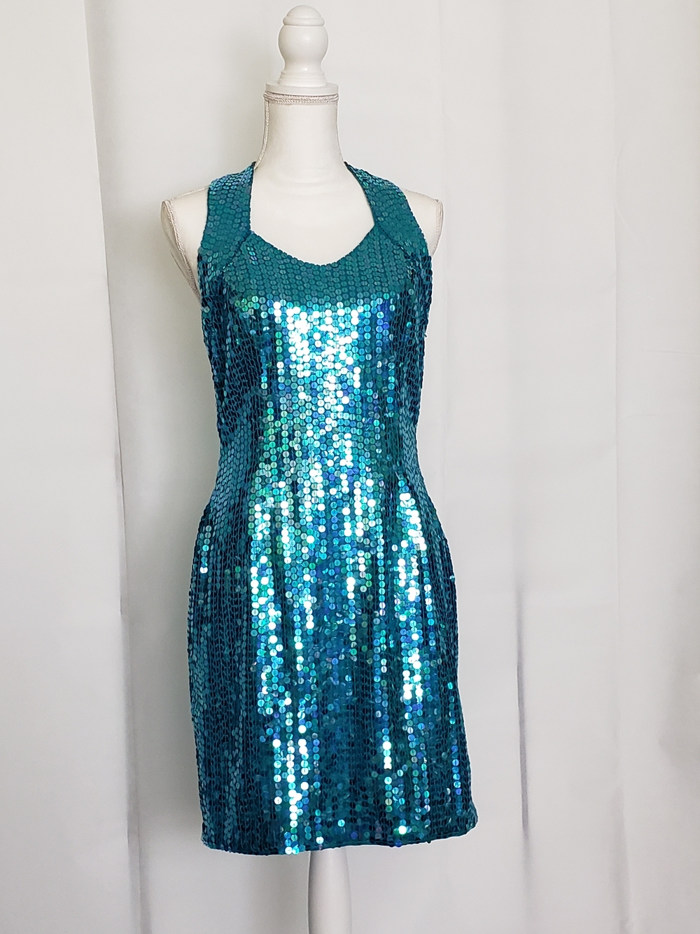 Vintage Robert Anthony Sparkling Teal Sequin Halter Mini Dress  Size 12